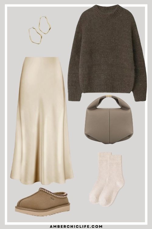 satin skirt and knitted jumper outfit