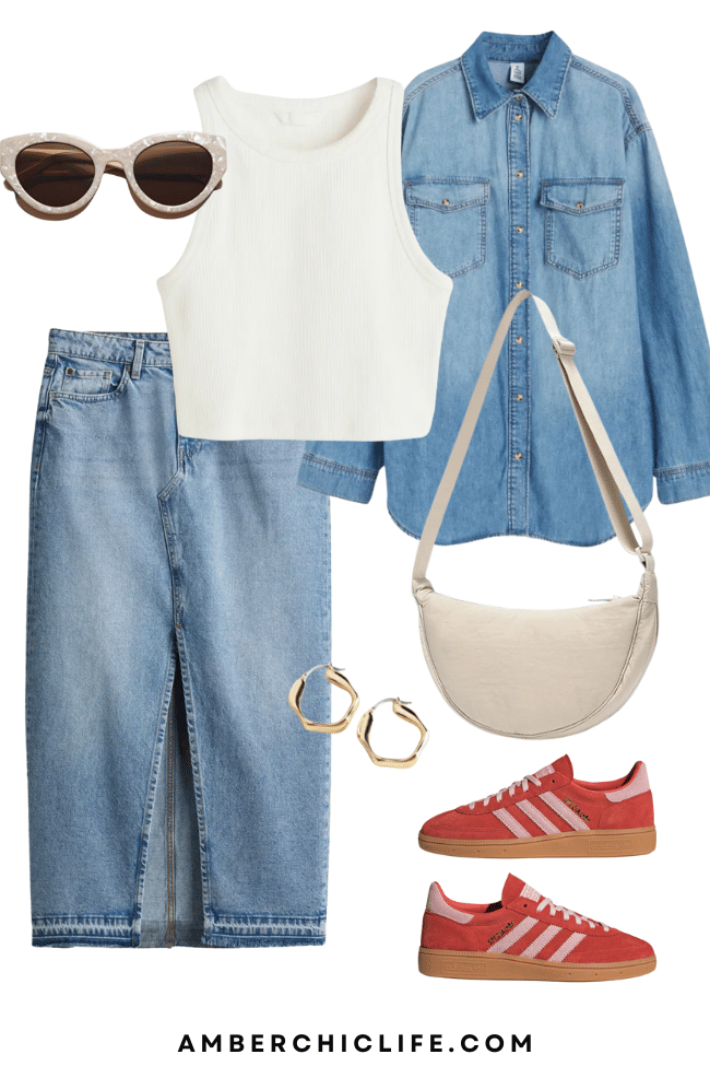 denim skirt with adidas sneakers