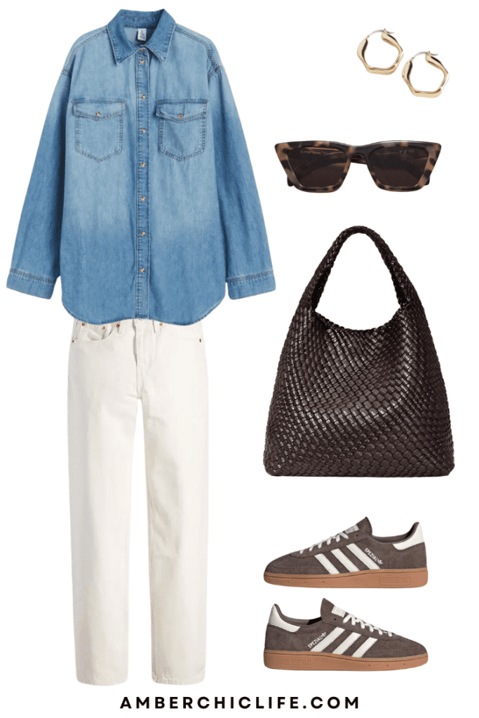 white jeans and denim shirt outfit