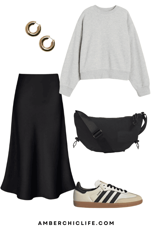 satin skirt and sneakers outfit