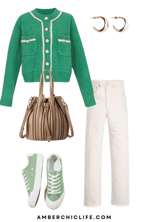 green cardigan outfit