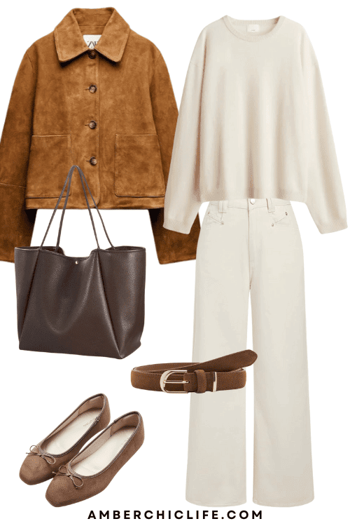 brown suede jacket outfit